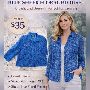Linear Women's Blue Sheer Floral Long Sleeve Button Up Blouse Size XL